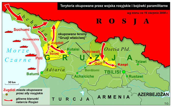 Rosyjska okupacja Gruzji - ruchy wojsk agresora i obszary okupowane (poza autonomiami), VIII 2008r. 
