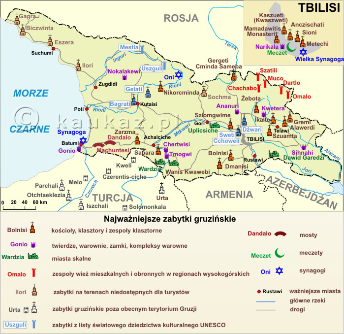 Najwaniejsze zabytki gruziskie, obiekty sakralne, twierdze, mosty, miasta skalne, wiee mieszkalne kaukaskich grali